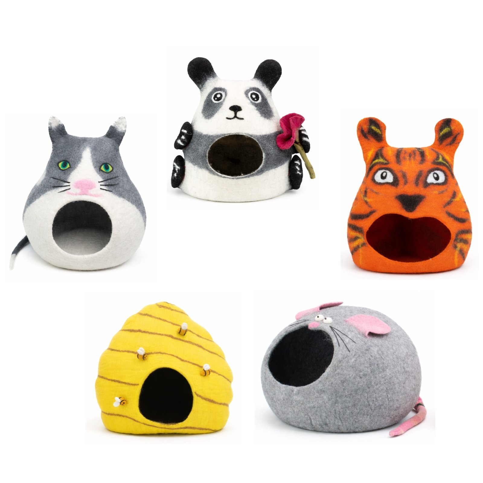 Five premium animal wool cat caves: cat, panda, tiger, bee hive and mouse