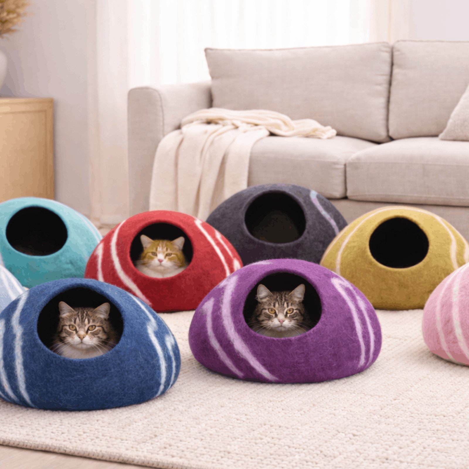 Striped wool cat caves in a living room with cats resting inside