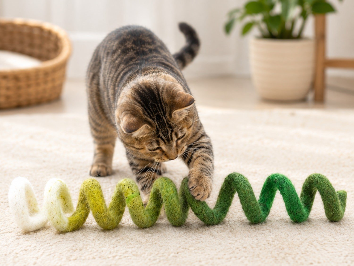 A kitten pawing at a green and cream felt spiral cat toy